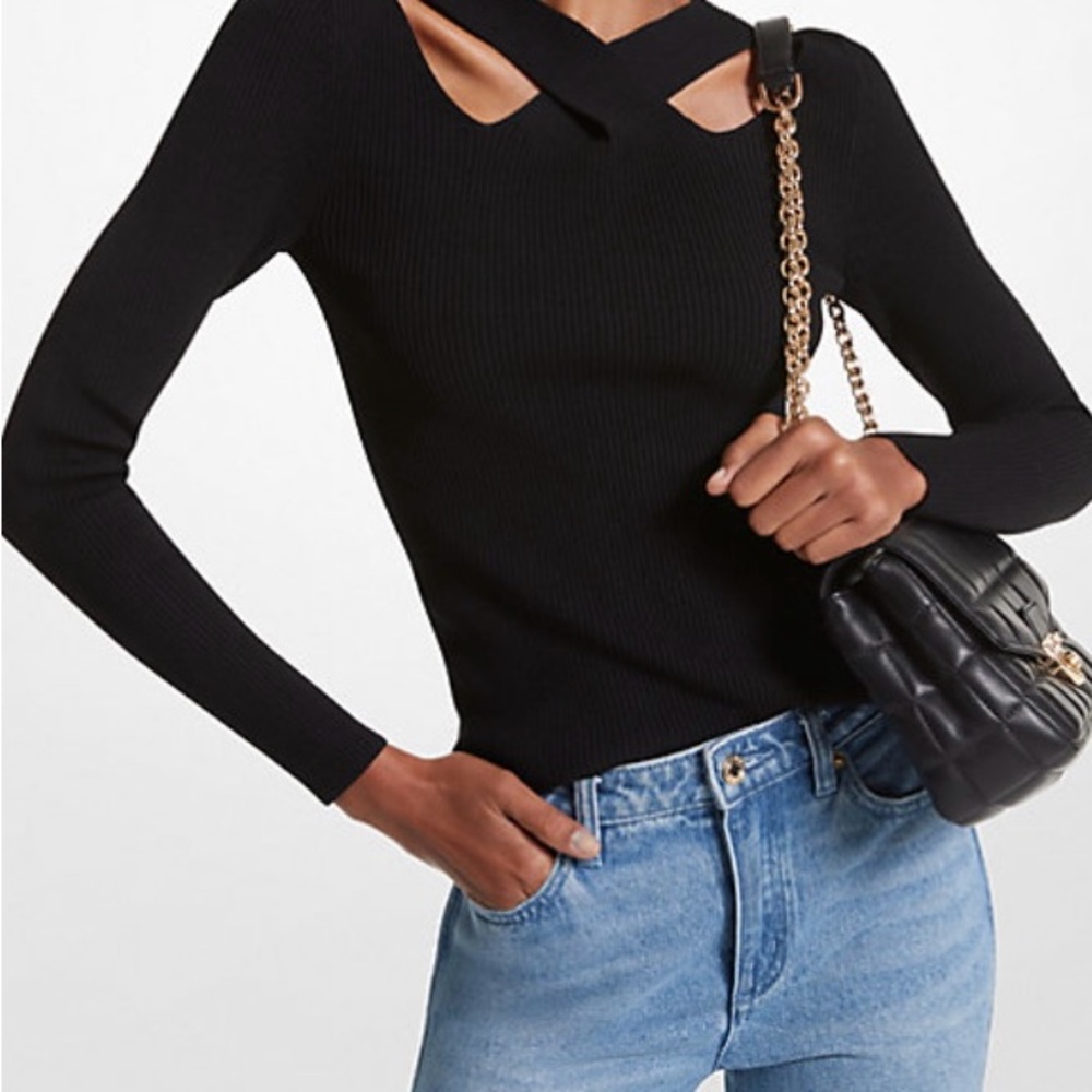 Ribbed Stretch Knit Black Cut-Out Sweater